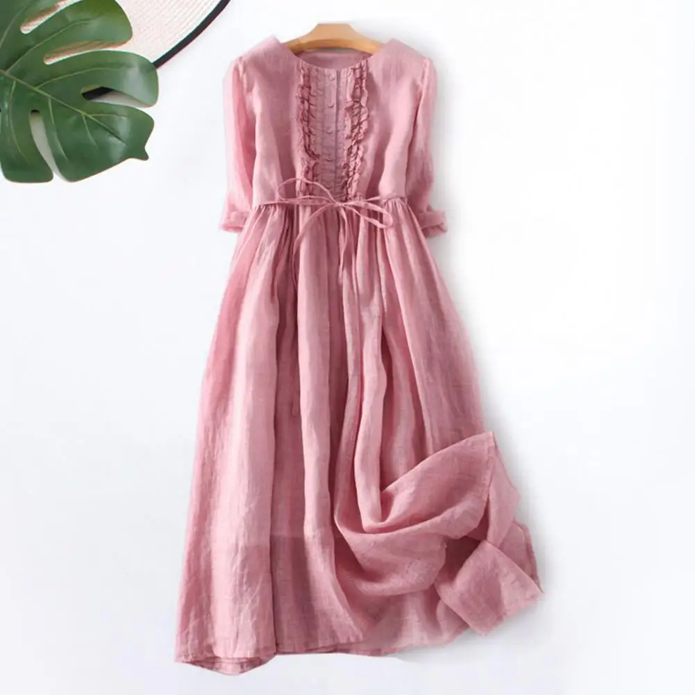 

Mid-sleeve Shirring Dress Women Round Neck Dress Elegant Retro Double-layer Midi Dress with Pleated Sleeves for Vacation