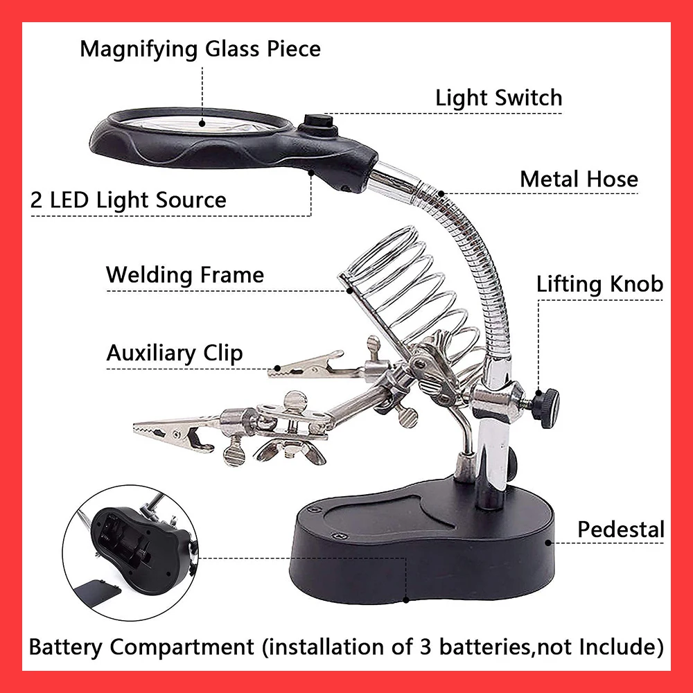 3.5X 12X Helping Hands Third Hand Soldering Iron Welding Stand with 2 LED Clip Magnifier