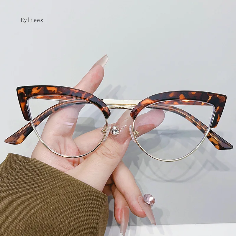 

Vintage Anti Blue Light Cat Eye Glasses Frame New Stylish Semi Metal Rim Women Eyewear Trendy Brand Design Optical Eyeglasses