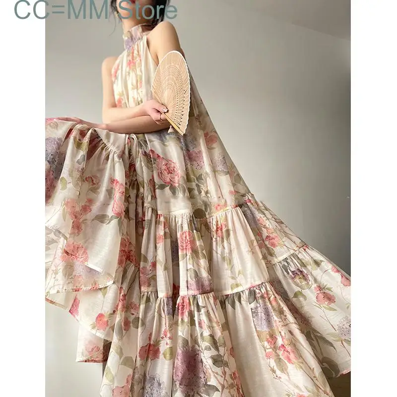 

New Print Maxi Dresses for Women Fashion Fairycore Vintage Sleeveless Summer Dress Elegant Loose Ruffle Dress