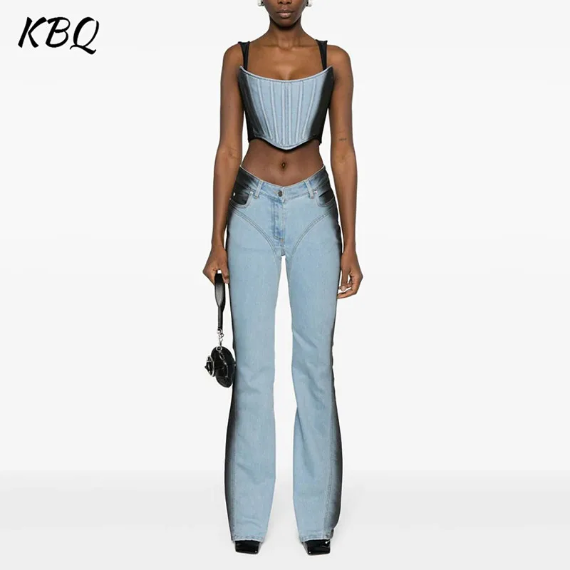 

KBQ Slimming Denim Two Piece Set For Women Square Collar Sleeveless Vest High Waist Jeans Streetwear Sets Female Fashion Style