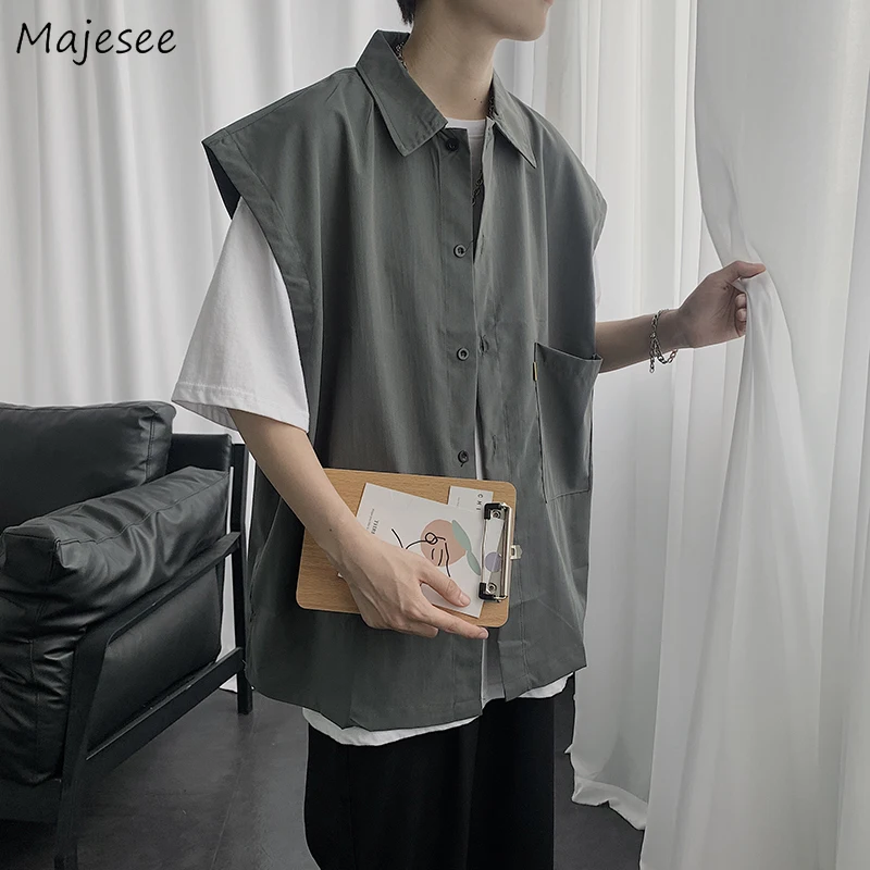 

Vests Men Cargo Stylish Streetwear Turn Down Collar Handsome Hip Hop Summer All-match Ins Chic Cool Male Clothing Pure Color New