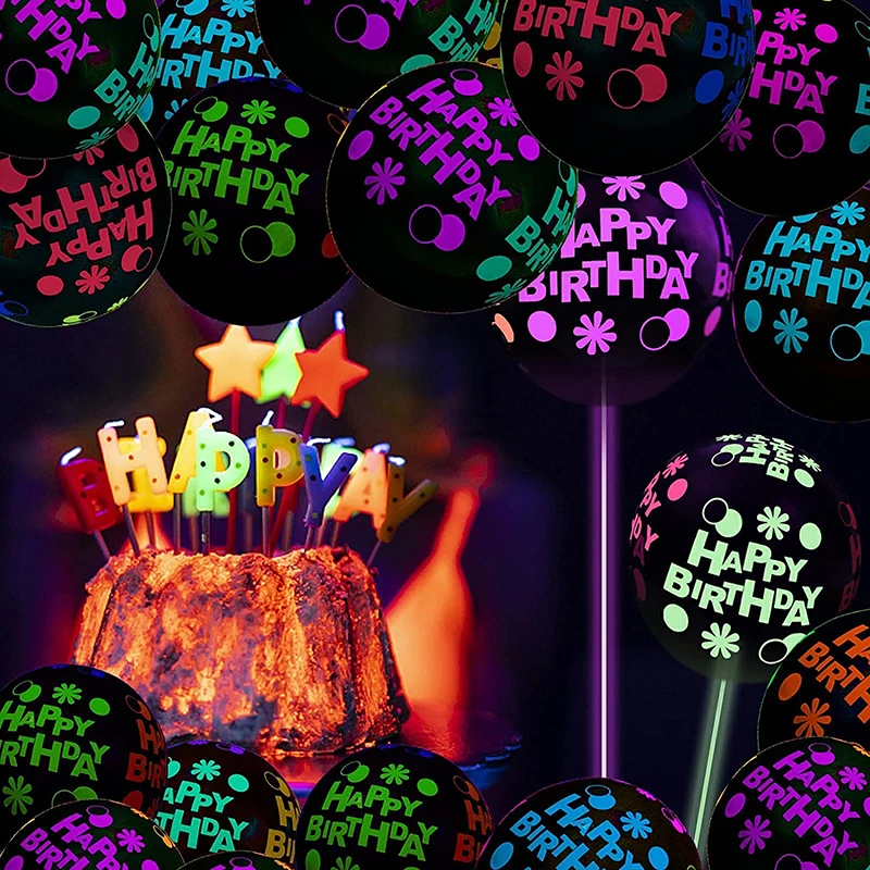 10pcs 12inch Fluorescent Happy Birthday Balloon Dots Love Heart Star Latex  Balloon Neon Party Glow In The Dark Luminous Balloons