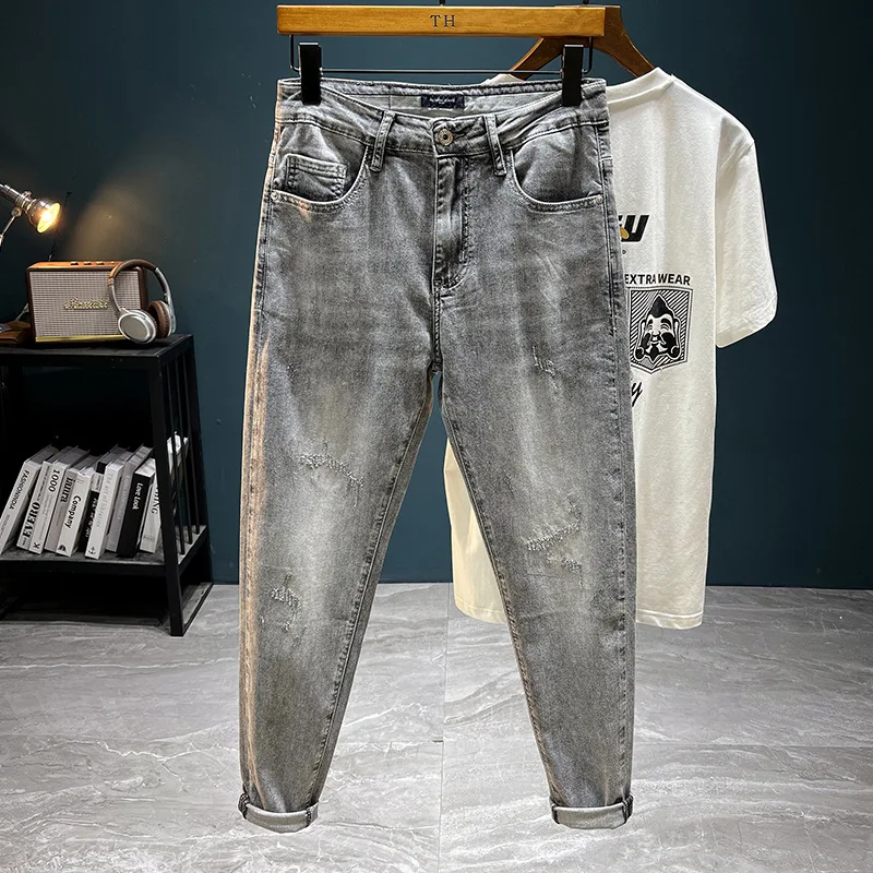 2024Gray Jeans Men's Summer Thin Trendy Embroidered Slim Stretch High-End Casual All-Match Light Luxury Skinny Pants