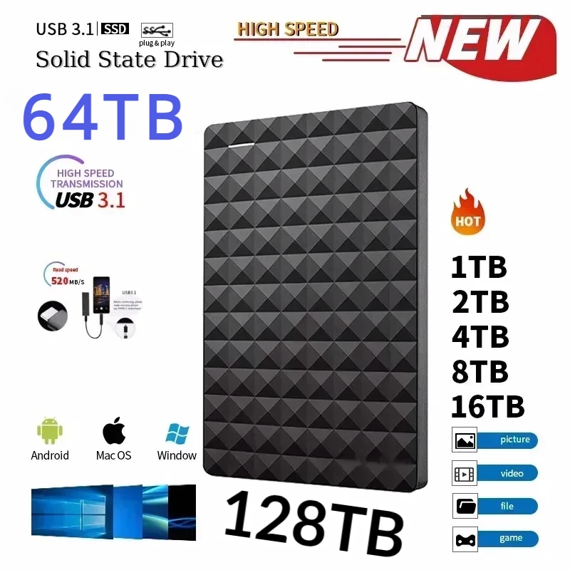 

External Hard Drive Portable SSD 128TB 16TB Hard Disk Storage High-Speed External Solid State Drive USB 3.1 for PC/Mac/PS laptop