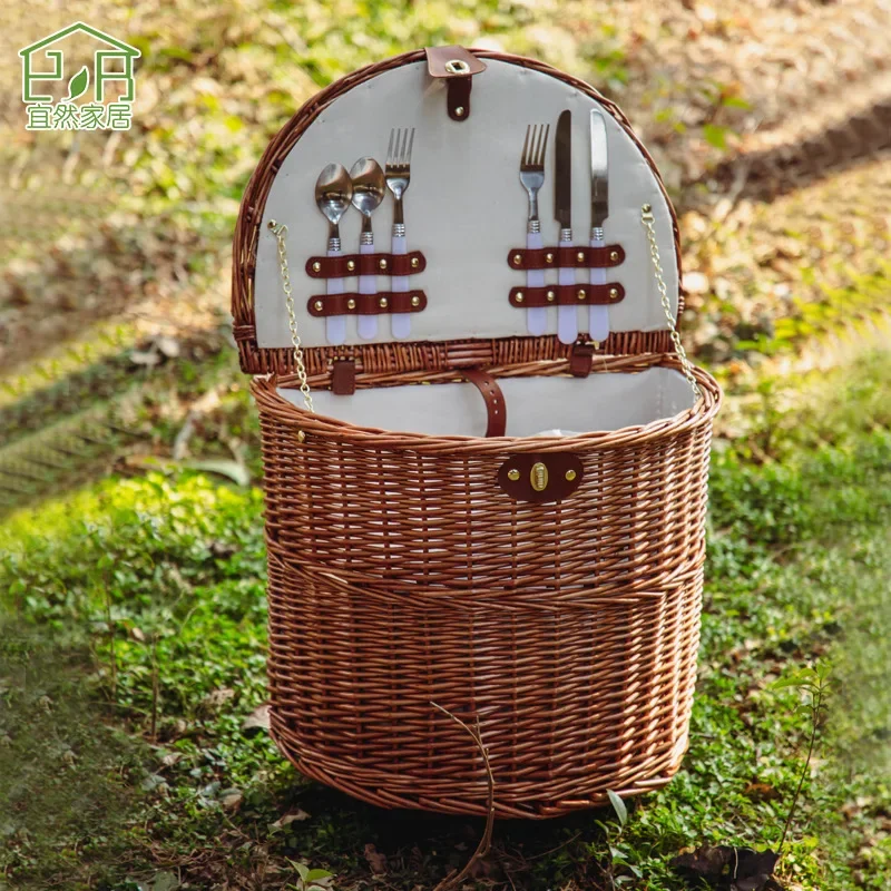 Outdoor Pull Rod Type Picnic Basket Container Multi-function Rattan Weave Picnic Carrier with Wheels Semi-circular Food Storage 3