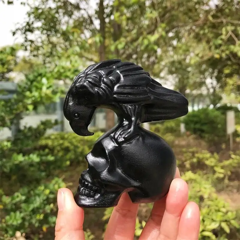

Natural Black Obsidian Crow Skull Carved Mineral Sculpted Reiki Healing Gemstone Crystal Crafts For Art Collection Gift 1pcs