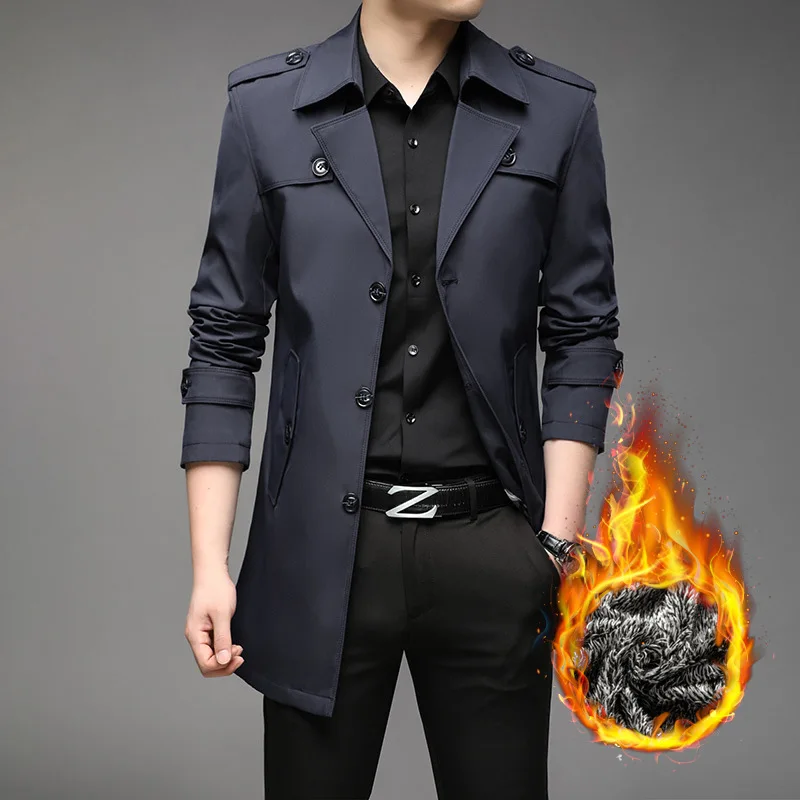 Men Autumn Winter Classic Plush Trench Windbreaker Coat Solid Business Casual Long Jacket Outerwear