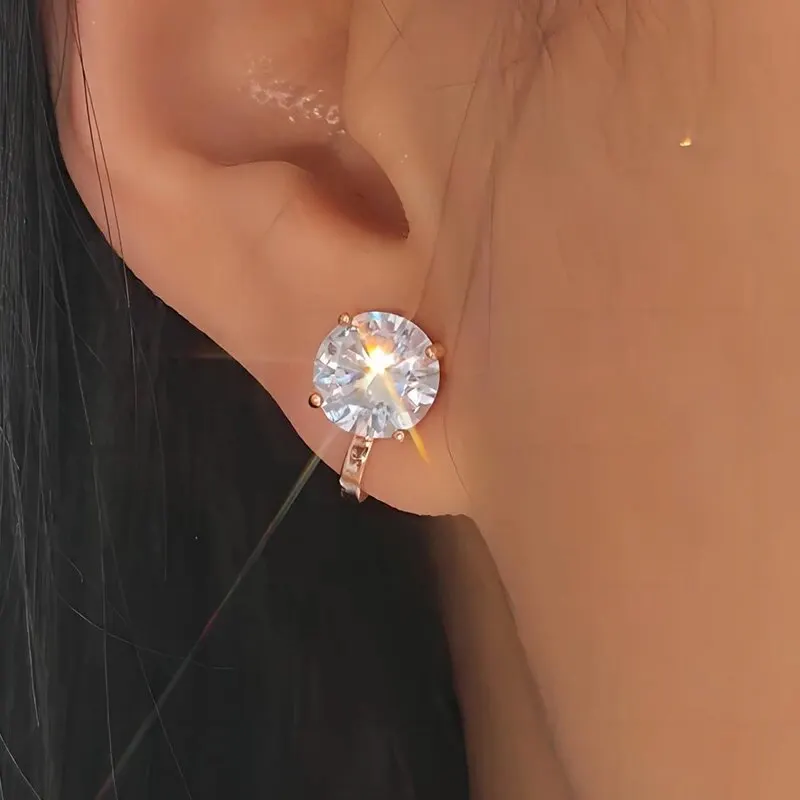 Orecchini Clip On CZ 8mm - Zirconi Cubici Rotondi - Argento 18KGP - Senza Foro