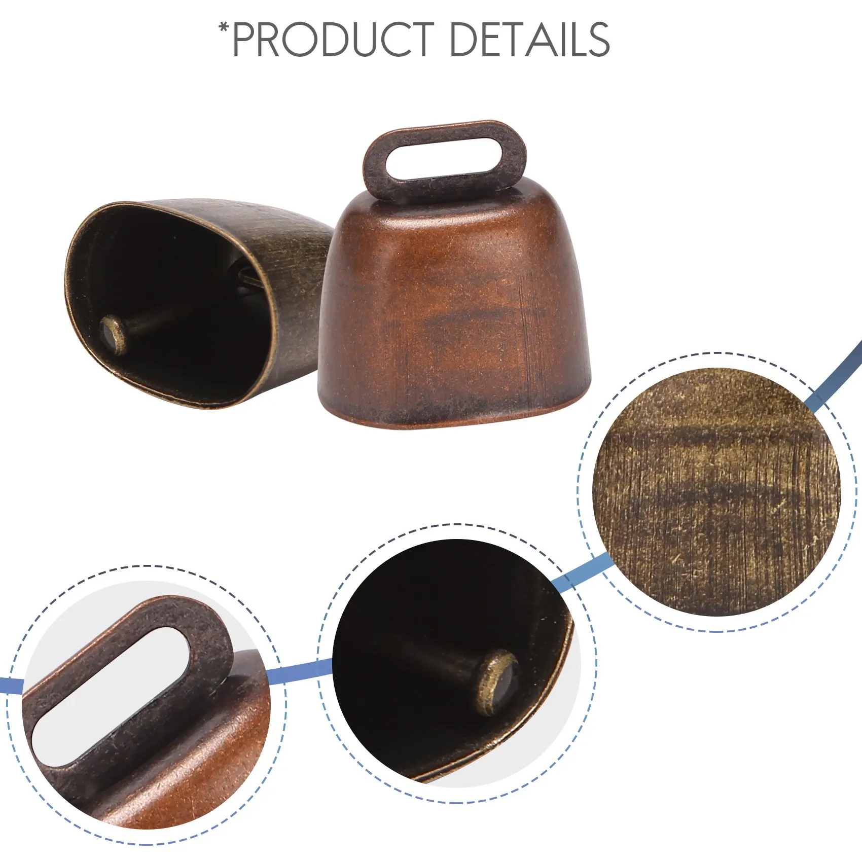 6 Pcs Metal Cow Bell, Cowbell Retro Bell for Horse Sheep Grazing Copper, Cow Bells Noise Makers