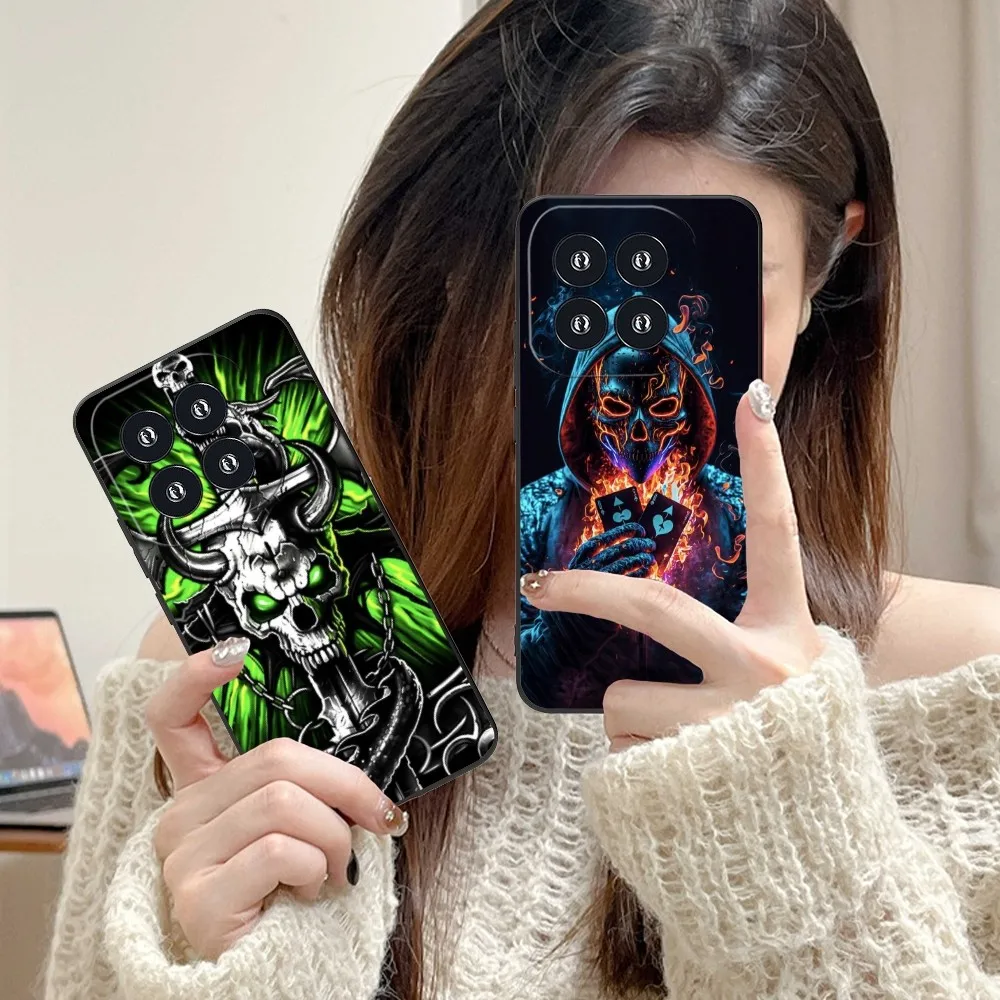 Fire Skull Head Mobile Cell Phone Case For Xiaomi 14 13 12 11 10 9 T Ultra Lite Pro S Se X 5G Black Soft Phone Cover Funda