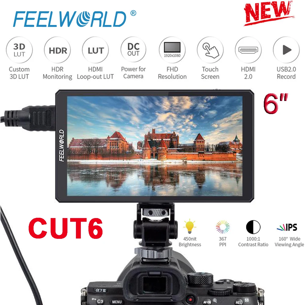 FEELWORLD CUT6 CUT6s 6" Touch Screen Video Monitor Recorder FHD Monitor Support IPS 4K HDMI-compatible 1920x1080 3D LUT