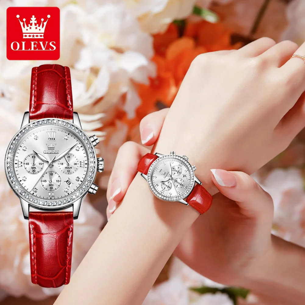 OLEVS Luxury Diamond Quartz Watch for Women Fashion Red Leather Strap Waterproof Chronograph Watches Ladies Relogio Feminino