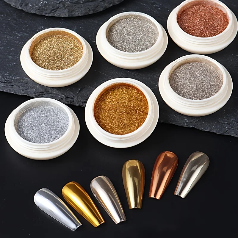 Description Picture 5 of item6 PCs Nail Art Magic Mirror Powder Gold Silver Antique Copper Shiny Rubbing Glitter Pigment Flakes Nail Metallic Chrome Powder