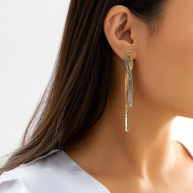ANENJERY 316L Stainless Steel Weave Tassels Necklace Earring for Women Snake Bone chain Fashion Hip hop Jewelry Set Wholesale