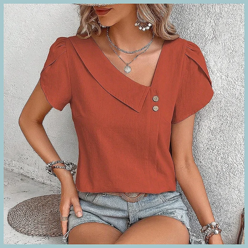 2024 Summer Vintage Solid Color Blouse for Women, Elegant Casual Slim Fit Top,…