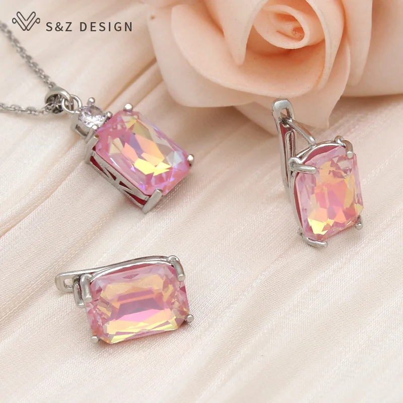 S&Z DESIGN New Fashion Colorful Rectangle Crystal Dangle Earrings Jewelry Sets For Women Wedding 585 Rose Gold Color Necklace