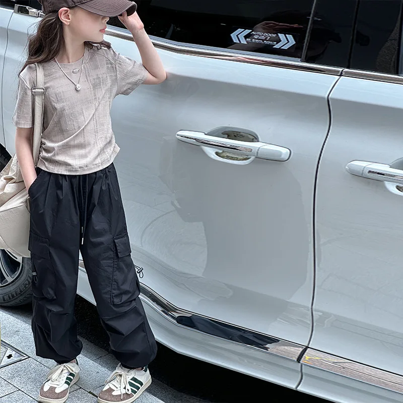 

Girls Shirts 2024 Summer New Childrens Clothes Hot Drill Short-sleeved Tops Foreign Fashion Casual Simple and All-matching