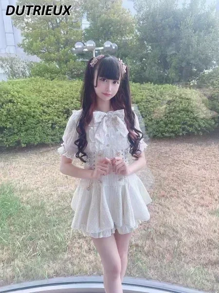 Lolita Clothes Japanese Mine Mass-Produced Short-Sleeve Shirt Shorts Set Women Sweet Cute Doll Collar Shirt Dress Two-Piece Suit 4