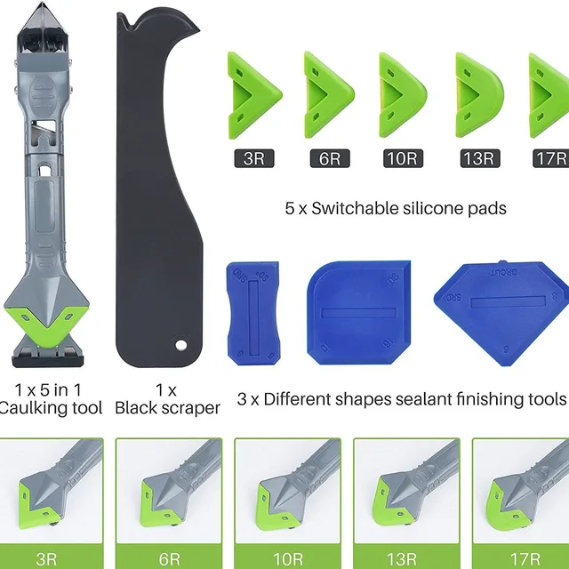 Outil de lissage et de jointoiement 5 en 1, dissolvant de Silicone, outil de coupe et de retrait de scellant avec raclette de coulis pour fenêtres et portes 1