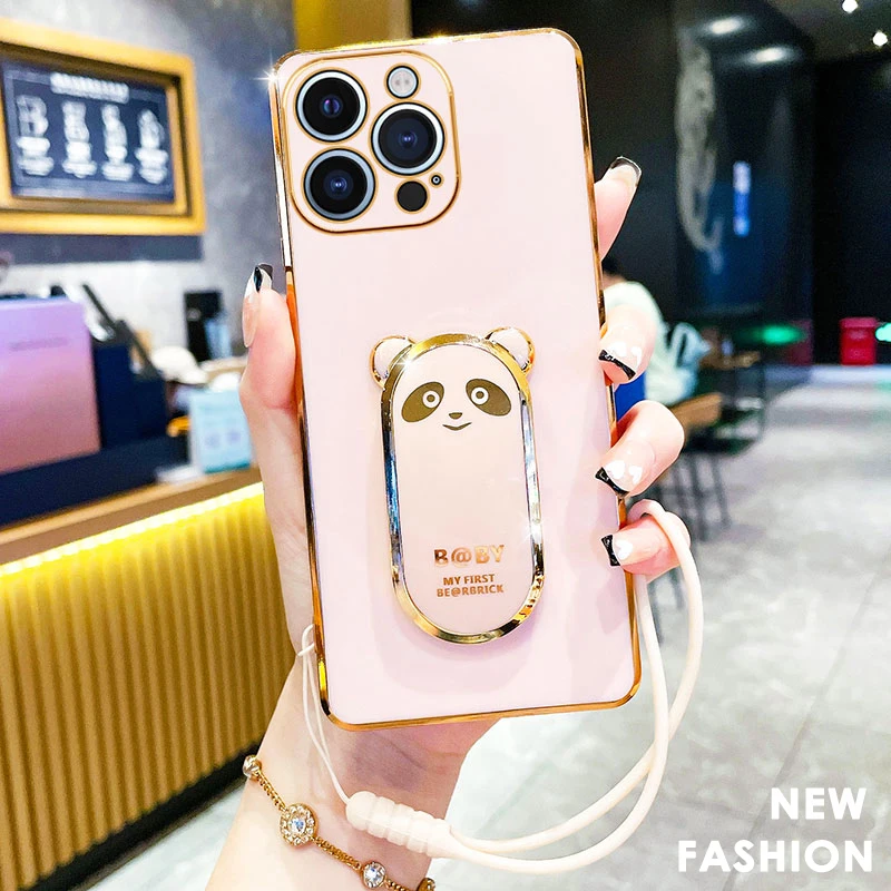 

Luxury Cartoon Cute Plating Case For iPhone 15 14 13 12 11 For iPhone 15 14 13 ProMax Lanyard Stand Holder Kickstand Cover