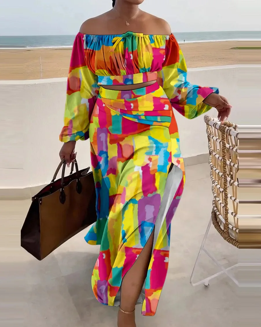 Summer Women's New D Fashionable Print Bra Long Sleeve Top Split Half Skirt Casual Temperament Elegant Women's_voghion.com