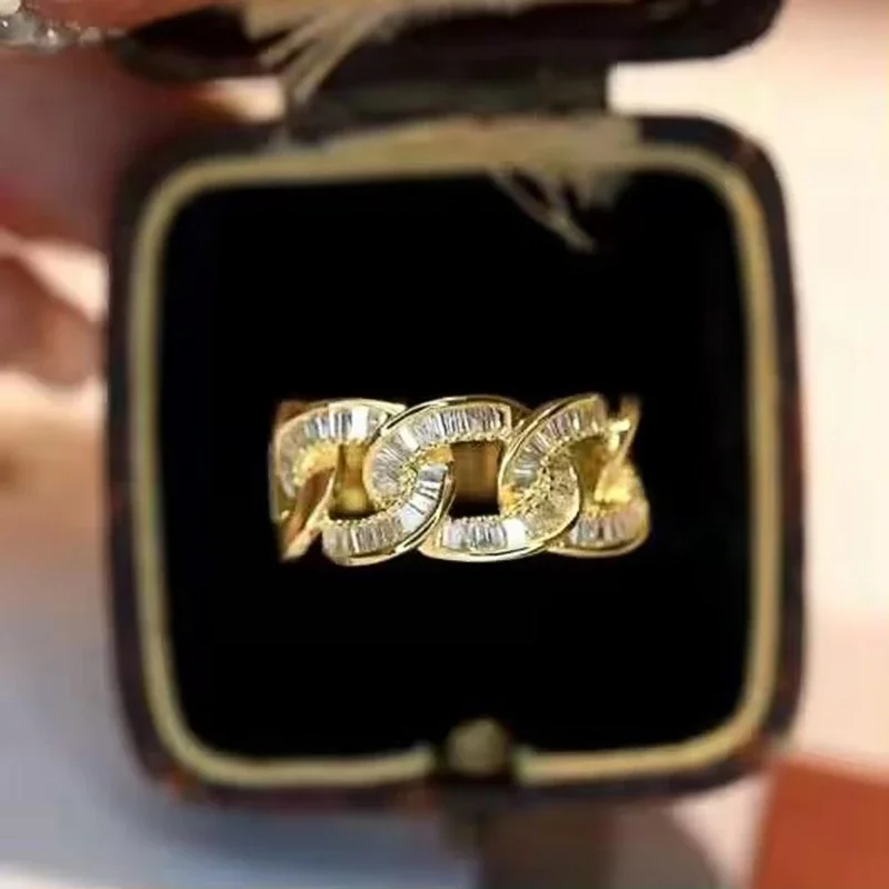 Huitan Kette Design Frauen Ring Gold Farbe Intarsien Glänzende Zirkonia Luxus Party Hochzeit Zubehör Mode Edlen Schmuck – Detail 6