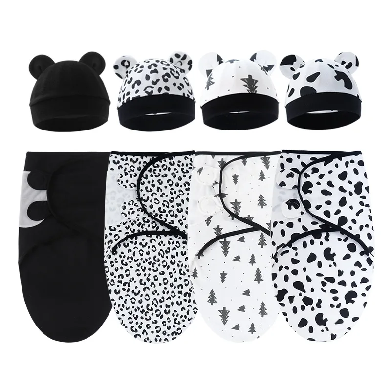 Baby Blanket Hat Set Cartoon Printed Cotton Newborn Swaddle Adjustable Infant Sleeping Swaddle Wraps All Seasons 0-6 Months