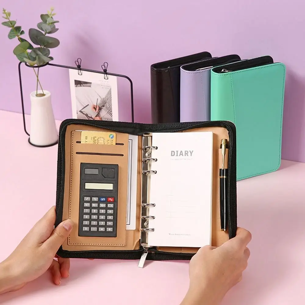 With Calculator A6 Leather Notebook New PU Leather Folder Cover Business Notebook Zipper Bag Loose Leaf Notepad Business