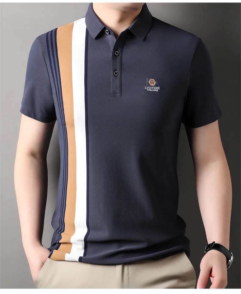 Light Luxury Polo Shirt Letter Embroidery Men's Short Sleeve High end Brand Summer new Fashion Stripe Silk Cotton Casual T-shirt 21 S4ad75d63b8e7426fa9efa1474d243731V