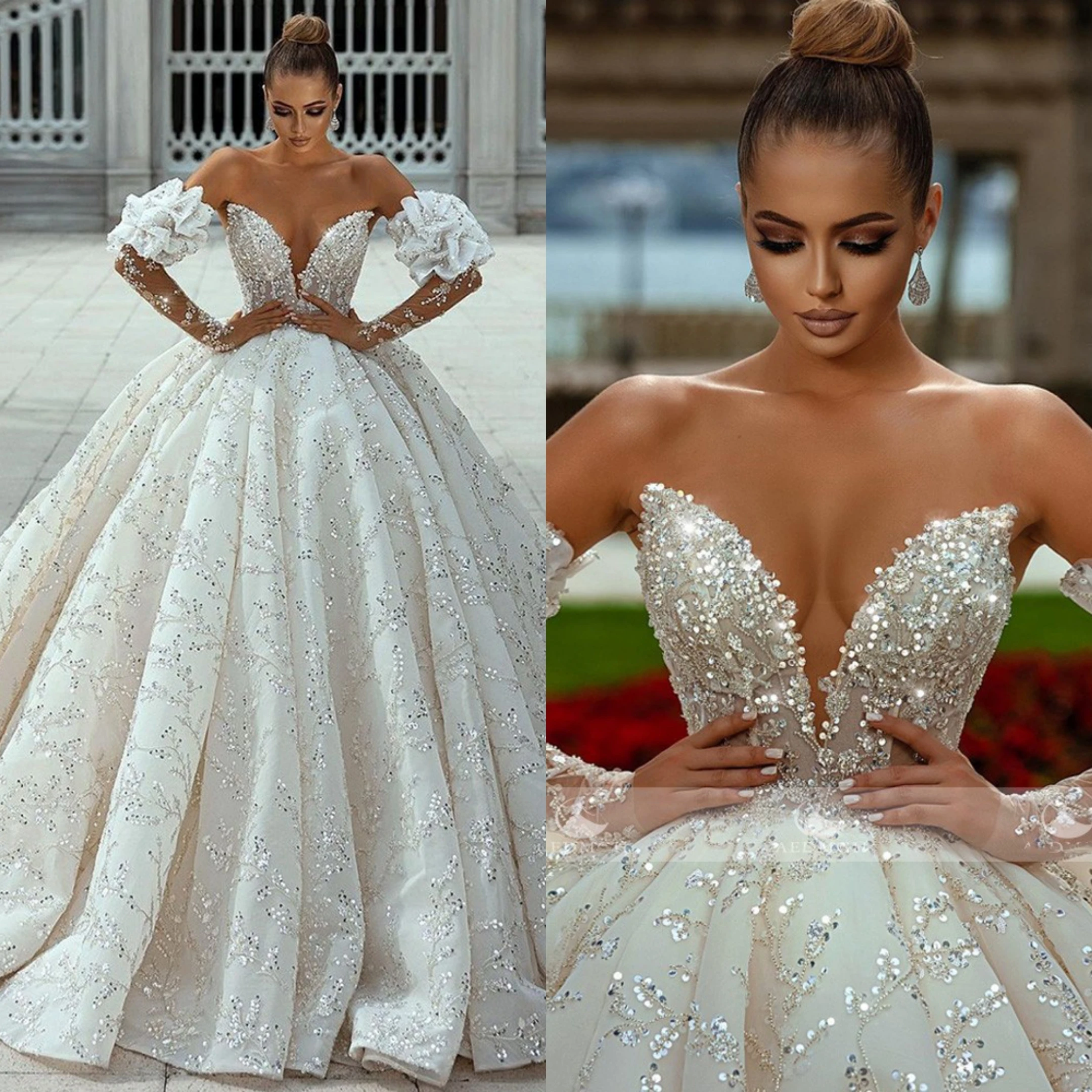 

Delicate A-Line Wedding Dress For Women Sweetheart Neck Bridal Gown Sweep Train Long Removable Sleeves Split Skirt Custom Made