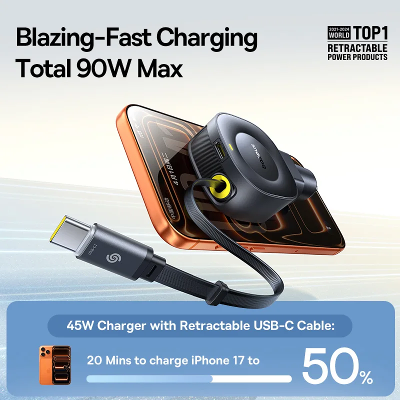 Baseus 45W Car Charger Dual Fast Charging Car  Phone Charger Built-in Retractable Cable For Tablet Samsung iPhone Xiaomi HUAWEI