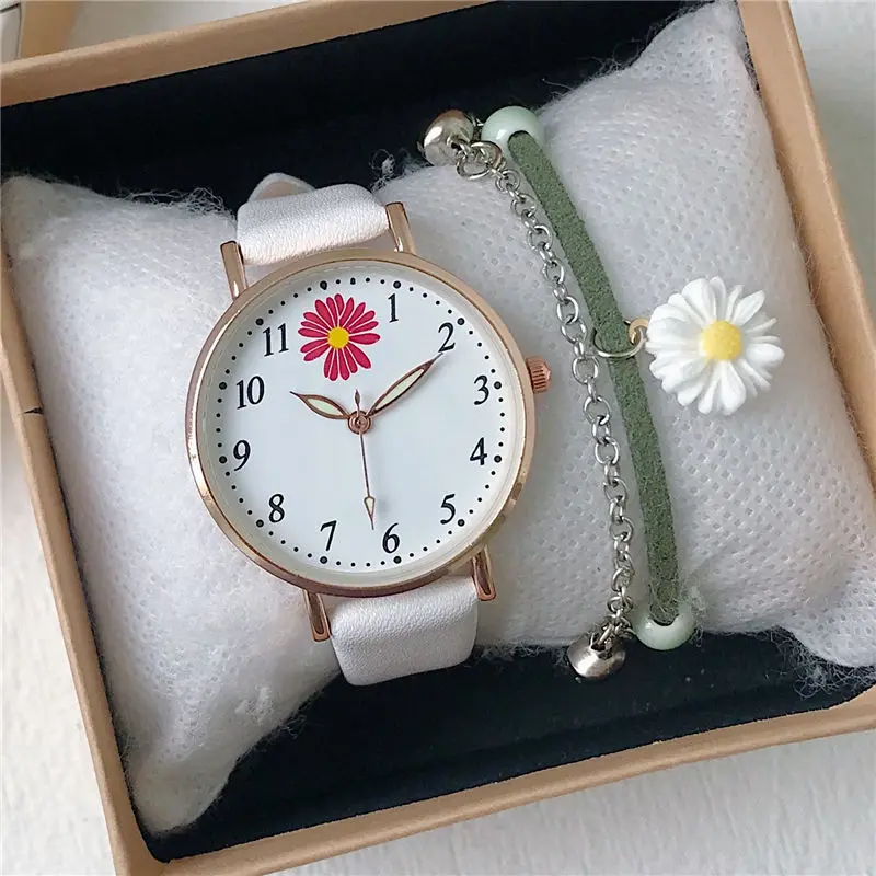 Harajuku Style Daisy Children's Watch Simple Quartz Leather Green Pink Watches for Girls with Bracelet Watch Box Gift Reloj 3