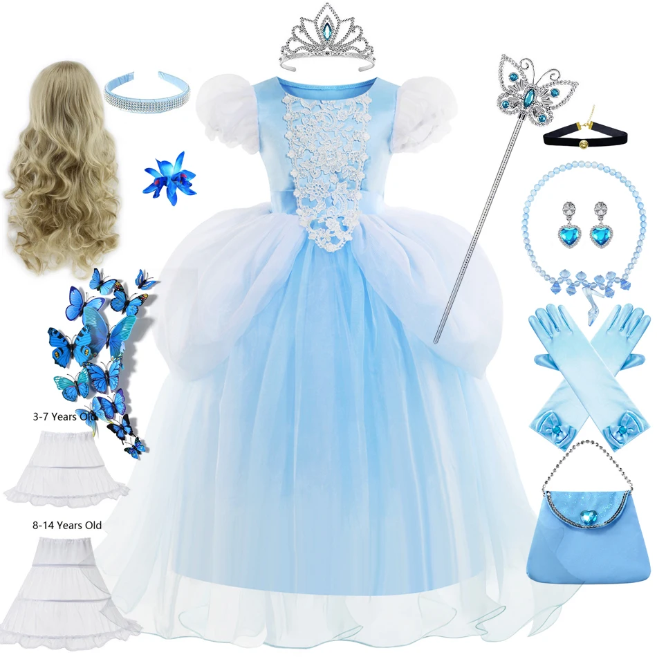 New Cenerentola Lace Mesh Princess Dress Kids Christmas Dress Blue Ball Gown Birthday Queen Cosplay Abbigliamento Puff Dresses