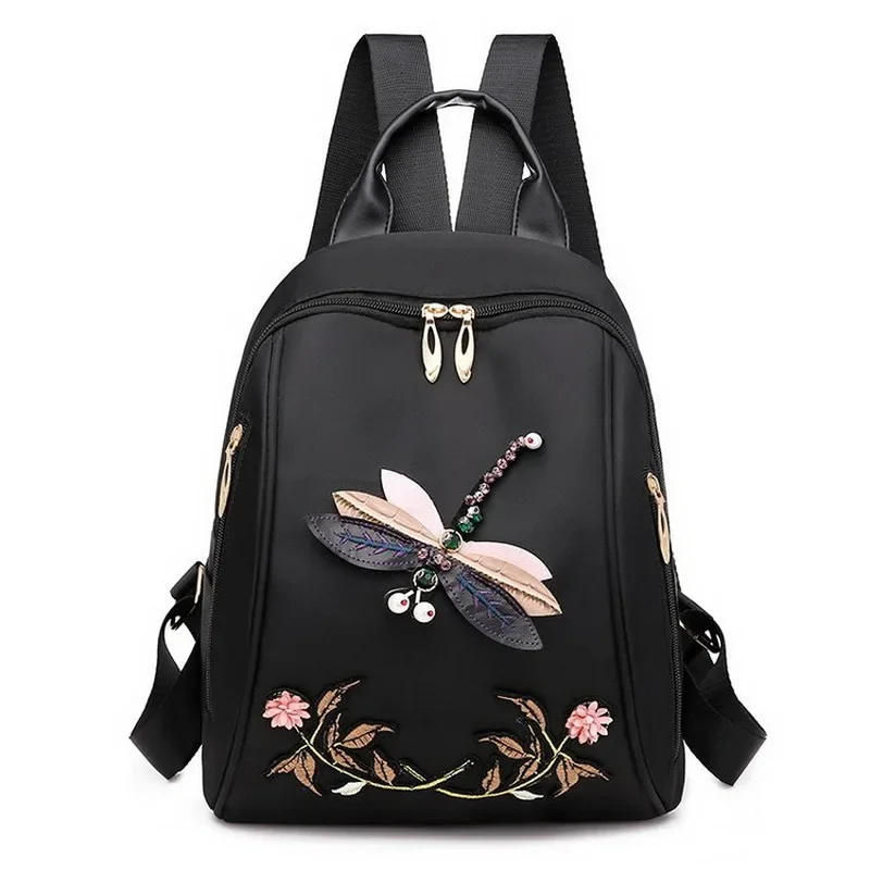 

Women's Backpack Chinoiserie Backpack Embroidery Oxford Bag Travel Backpack Dragonfly Flower Backpack Mochila Geries for Woman