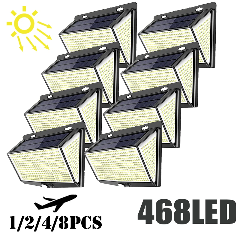 468 LED Solar Light Outdoor PIR Motion Sensor Street Lamp with 3 Lighting mode IP65 Waterproof for Garden Patio Garage Yard
