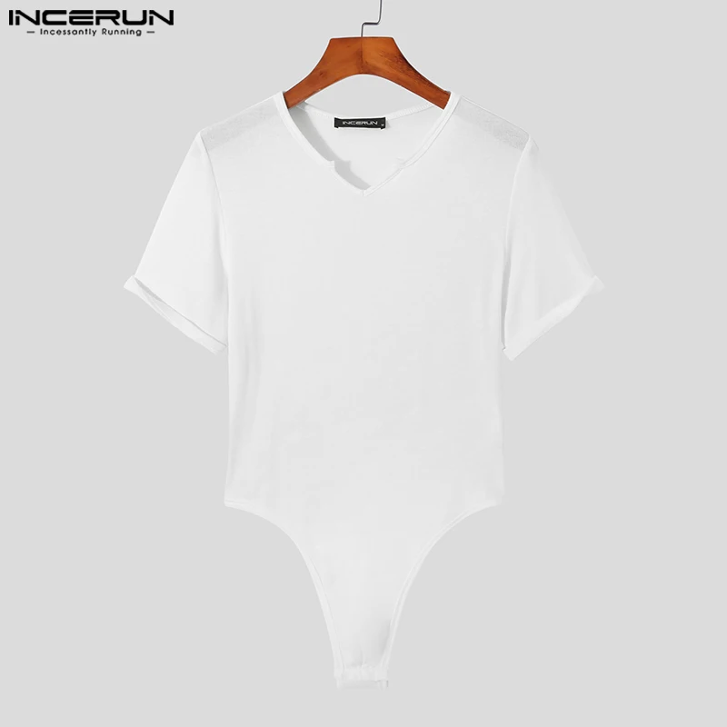 Men Bodysuits Solid Color V Neck Short Sleeve Pajamas Sexy Homewear Rompers Fashion Fitness Men Bodysuit INCERUN Plus Size