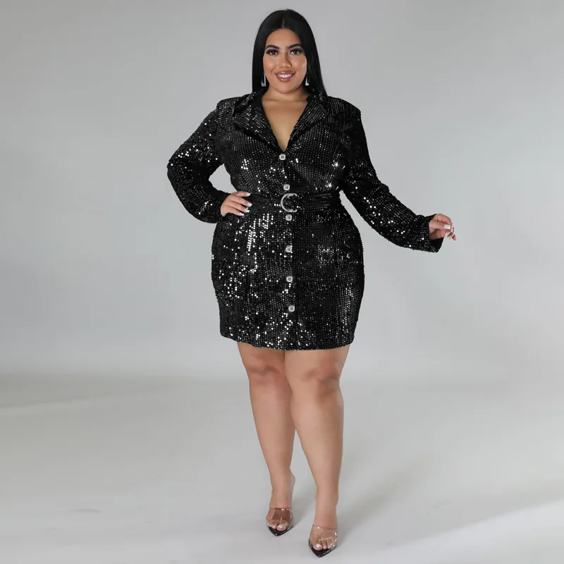 Plus Size Women Sequin Party Dress Long Sleeve Belt Elegant Dress 2022 Fall Casual Female Designer Skirt Fashion Luxury Outwear