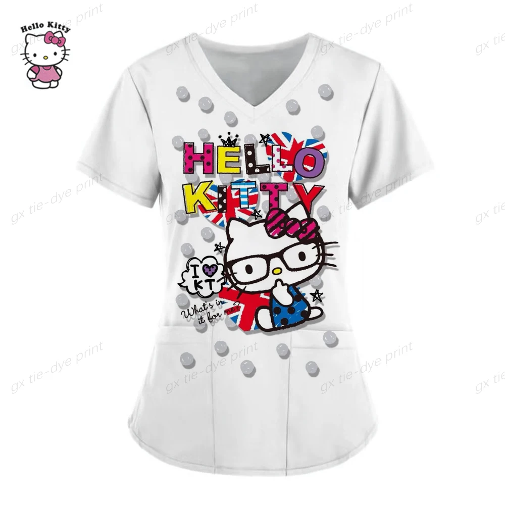 thumbnail image 1 of Uniforme de Hello Kitty para mujer, camisa de trabajo de enfermera con estampado de dibujos animados de Hello Kitty, bata con bolsillo, uniforme de enfermería para Navidad, 1 of 5