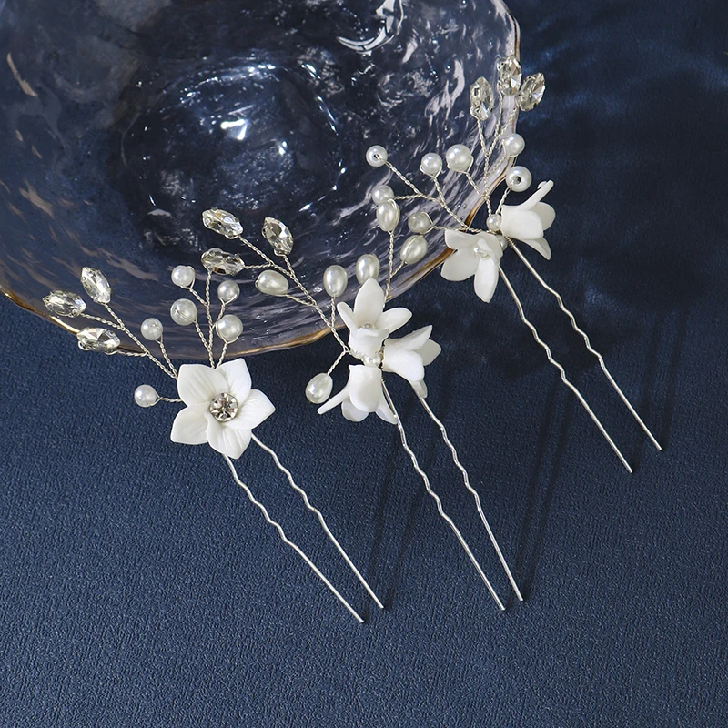 Bride Wedding Ceramic Flower Hair Accessories Pearl Rhinestone Hair Pins For Women Headpiece Jewelry Bridesmaid Gift 3Pcs/Lot