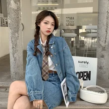 

Dress Sets Women 2 Pieces Loose Long Sleeve Jackets A-line Mini Skirts Denim Preppy Casual Girlish Korean Style Matching Set