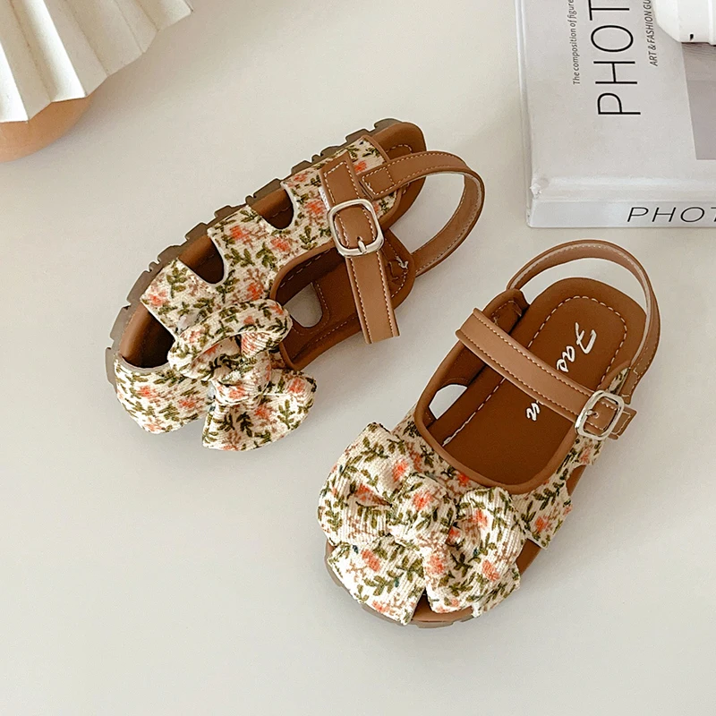 Kids'Casual 신발 패션 레오파드 프린트 PU 가죽 샌들 여름 신발 소녀용 미끄럼 방지 브라운 옐로우 신발 사이즈 23-33