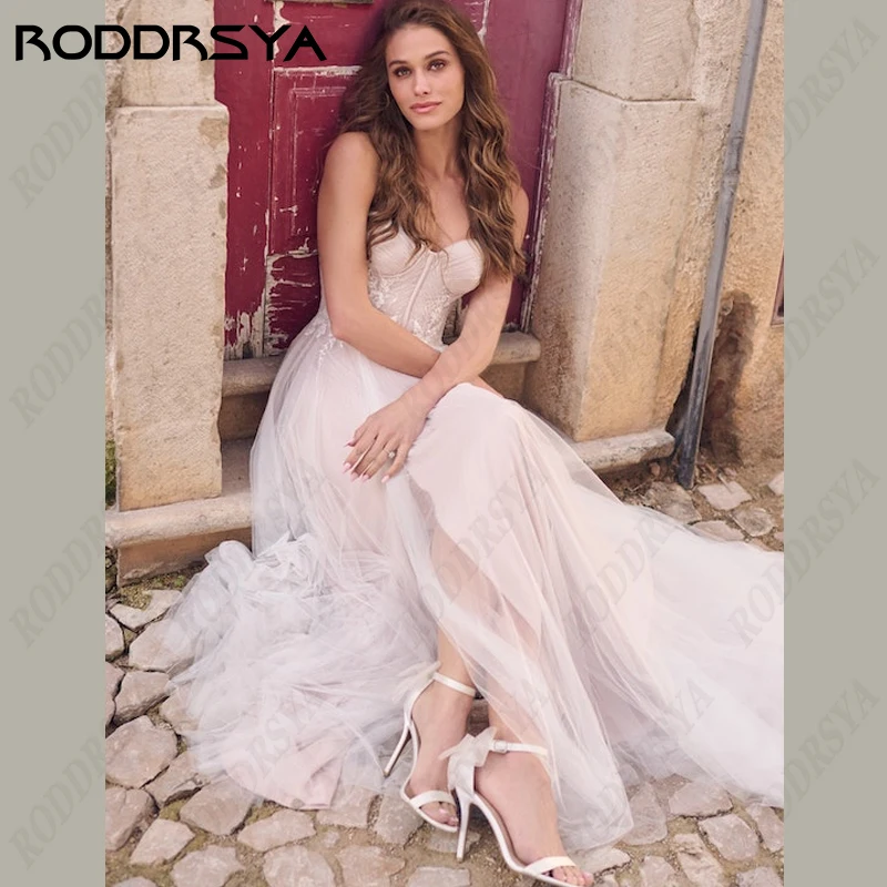 

RODDRSYA Strapless Wedding Dresses For Women Elegant A-Line High Split Bridal Gowns Romantic Tulle Sleeveless Bride Party 웨딩드레스