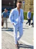2 Pieces Sky Blue Men Suits Seersucker  Suits Notched Lapel Summer Leisure Beach Jacket+Pant  Groom Wedding Tuxedos 3