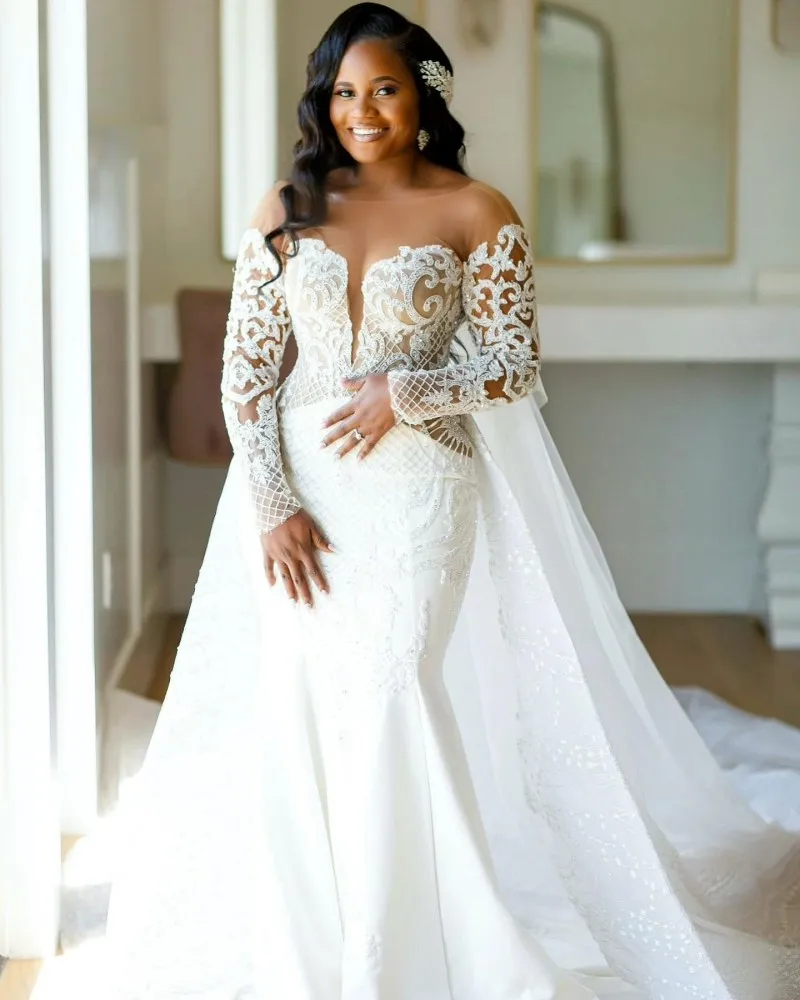 

Modest Lace Mermaid Wedding Dresses For Woman 2023 Sheer Neck African Bridal Gowns With Detachable Train Long Sleeves