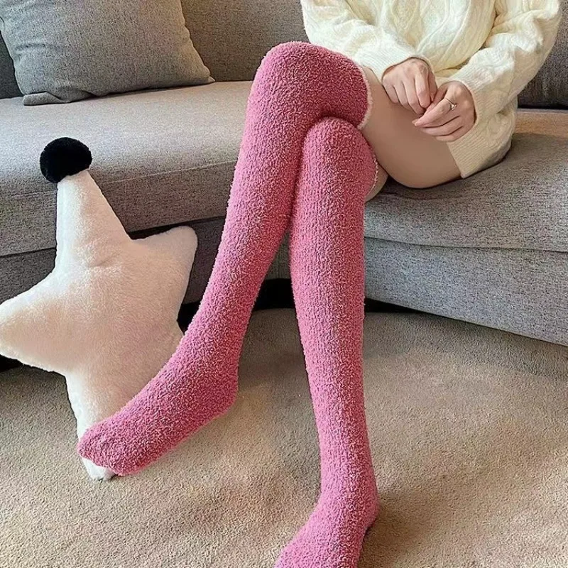Women Autumn Winter Coral Fleece Long Socks Harajuku Solid Color Thickened Warm Stockings Comfortable Indoor Floor Sleeping Sock