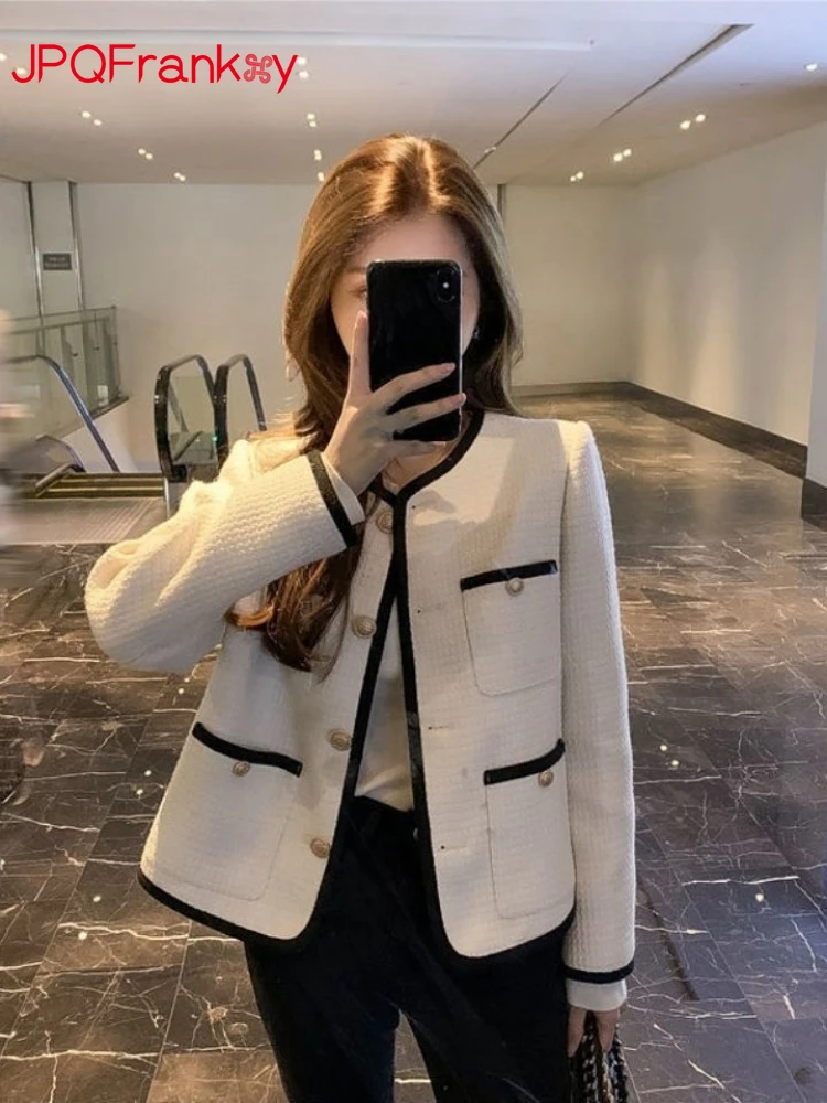 Autumn 2024 New Ladies Coat Jacket Korean Version of Round Neck Contrast Single-breasted Blouse Loose Fashion Blazers for Women