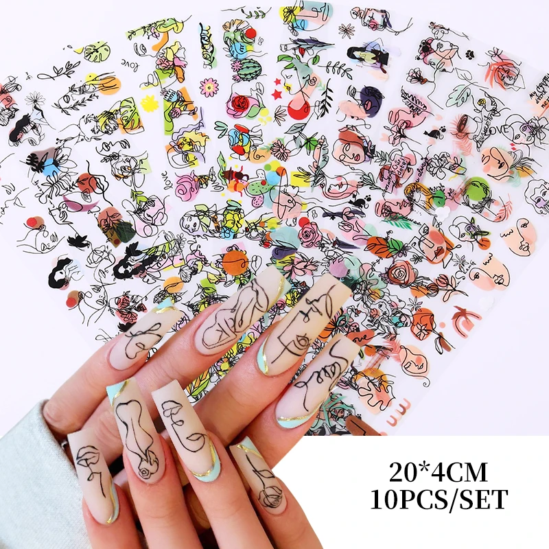 10Pcs/Set Nail Foils Abstract Image Face Blue French Tips Nail Transfer Paper Wraps Adhesive Decals Manicure Decorations nail art decoration nail decals