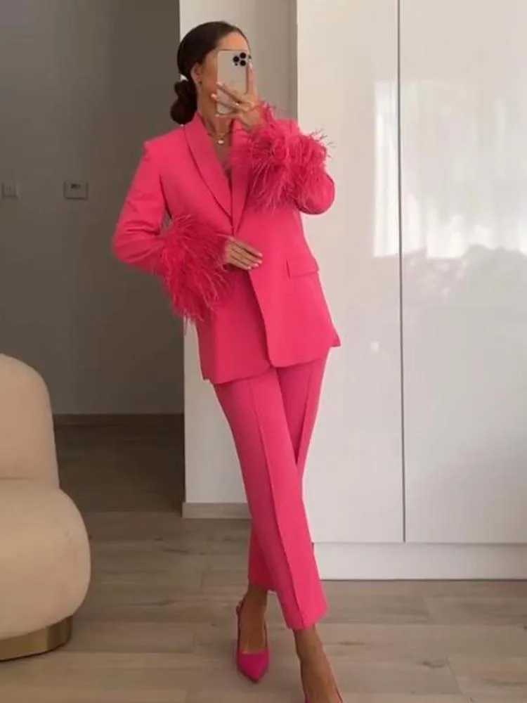 Getspring Women Blazer Set Feathers Splicing Rose Red Blue White Blazer  Coats Vintage Fashion Straight Pants Two-piece Suit 2023