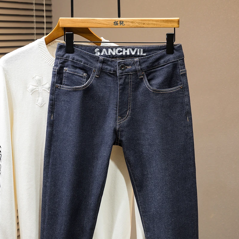 2024 new high-end light luxury MEN'S jeans fashion splicing slim straight casual simple personality casual blue denim pants